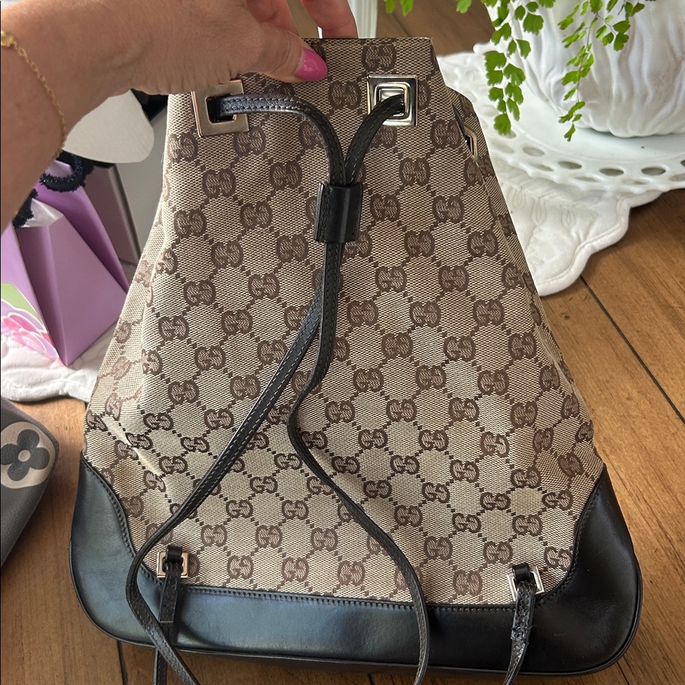 Gucci Monogram Canvas Classic Logo Rucksack Drawstring Shoulder Bag Y2K